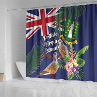 Blue shower curtain with Union Jack, dove pair, and lush tropical foliage