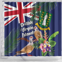 Blue shower curtain with Union Jack, dove birds, and pink tropical blooms