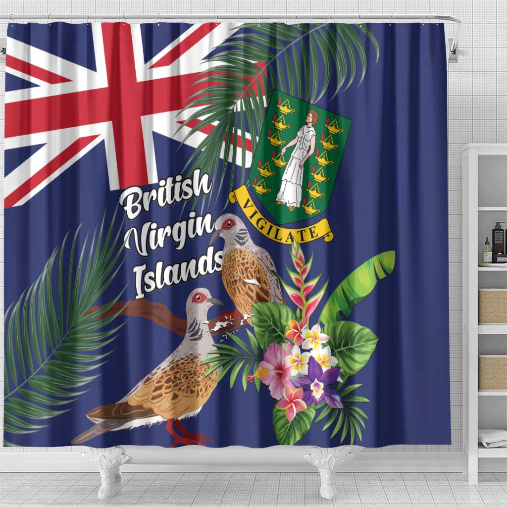 Blue shower curtain with Union Jack, dove bird, and colorful tropical flowers