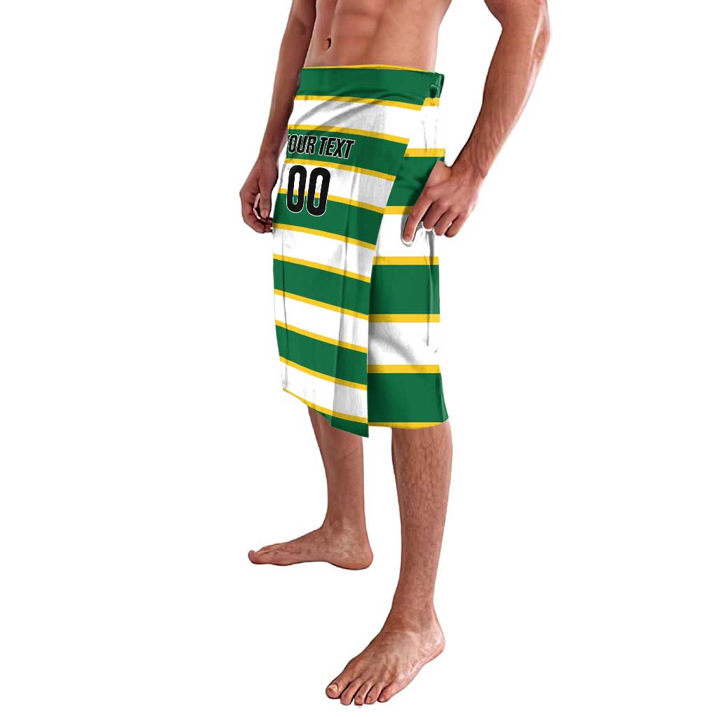 Green and white striped lavalava with custom text panel and number, side view