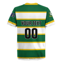 Green rugby jersey back with yellow-and-white stripes, bold text and large 00