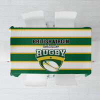 Green and yellow striped rugby tablecloth with British Virgin Islands crest