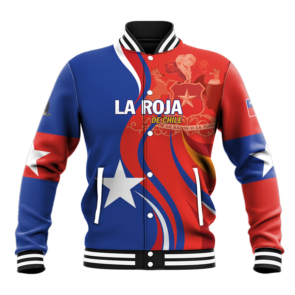 Unisex red and blue varsity baseball jacket with snap buttons and La Roja graphic