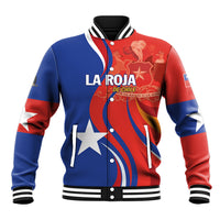 Unisex red and blue varsity baseball jacket with snap buttons and La Roja graphic