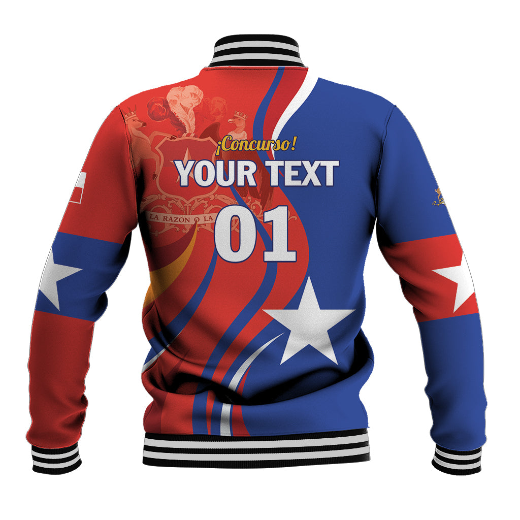 Unisex red and blue baseball jacket with striped rib collar and large '01' back print