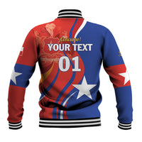 Unisex red and blue baseball jacket with striped rib collar and large '01' back print