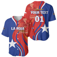 Red and blue Chile baseball jersey front with star stripes and buttoned V-neck collar