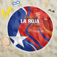 Round beach blanket with Chile flag red, blue, and white graphic, plus white fringe border