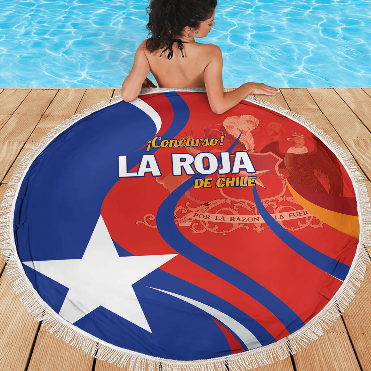 Round beach blanket with Chile flag red, blue, and white graphic, shown laid flat