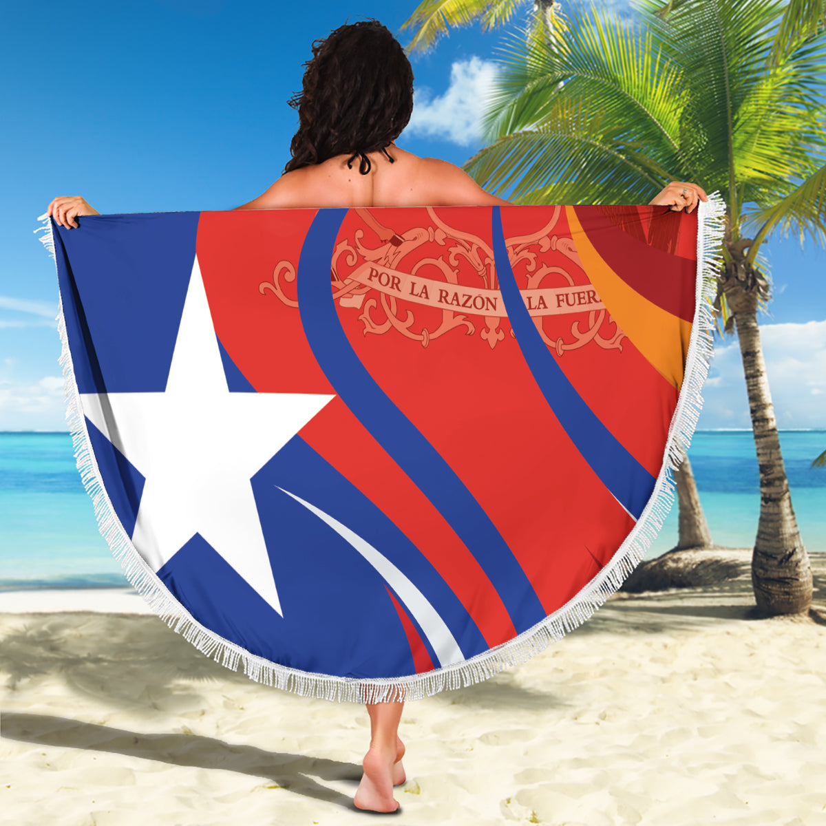 Round beach blanket with Chile flag red, blue, and white graphic, fringe border visible