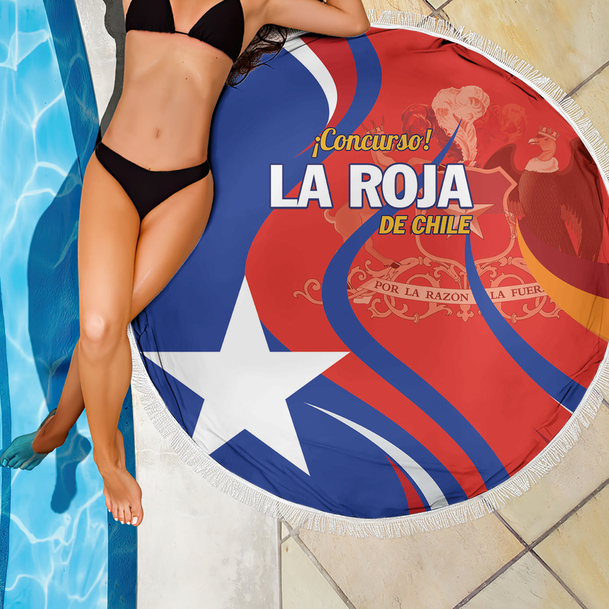 Round beach blanket with Chile flag red, blue, and white graphic and white fringe trim