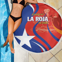 Round beach blanket with Chile flag red, blue, and white graphic and white fringe trim