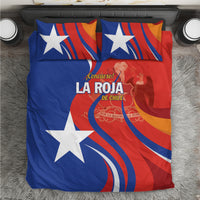 Blue and red Chile bedding set with white stars and curved stripes, logo front, two pillowcases.