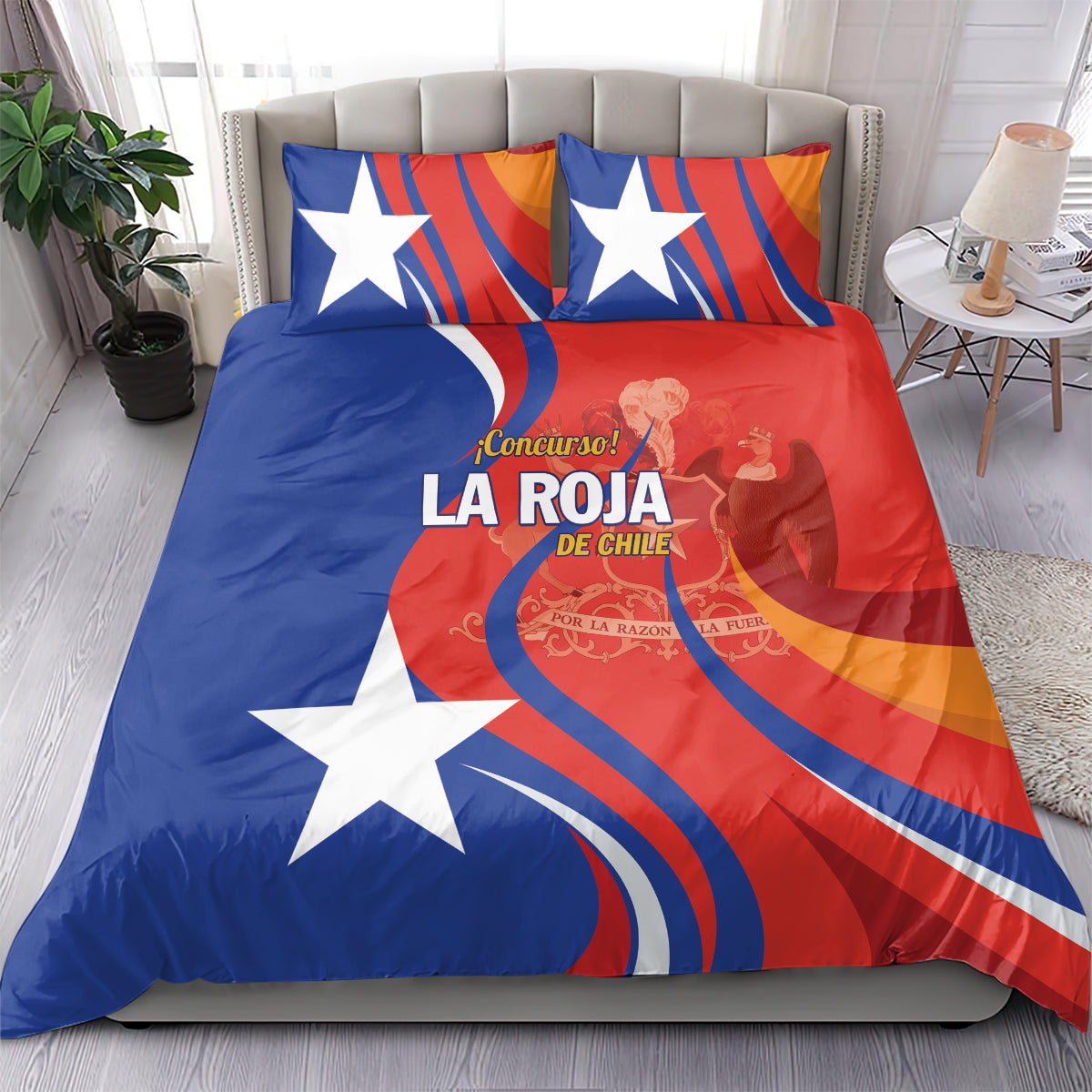 Blue and red Chile bedding set with white stars, curved stripes, two matching pillowcases.