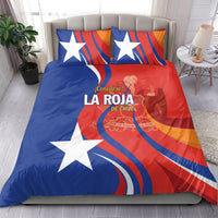 Blue and red Chile bedding set with white stars, curved stripes, two matching pillowcases.