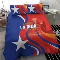 Blue and red Chile bedding set with white star panels and curved stripes, two pillowcases.