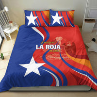 Blue and red Chile bedding set with large white star and centered logo, two pillowcases.
