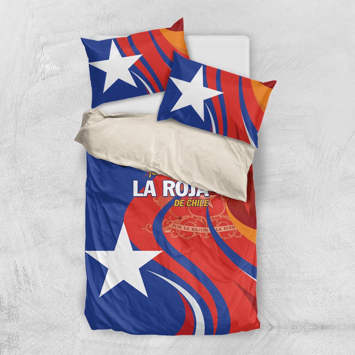 Blue and red Chile bedding set with white stars and centered text logo, two pillowcases.