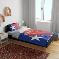 Blue and red Chile bedding set on bed with white star design, two pillowcases.