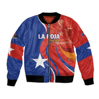 Red and blue unisex football bomber jacket with zip front and Chile flag graphics