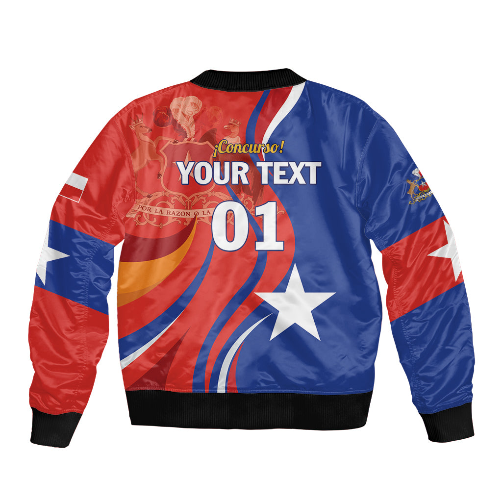 Blue and red unisex bomber jacket back with star, stripes, and '01' text graphic