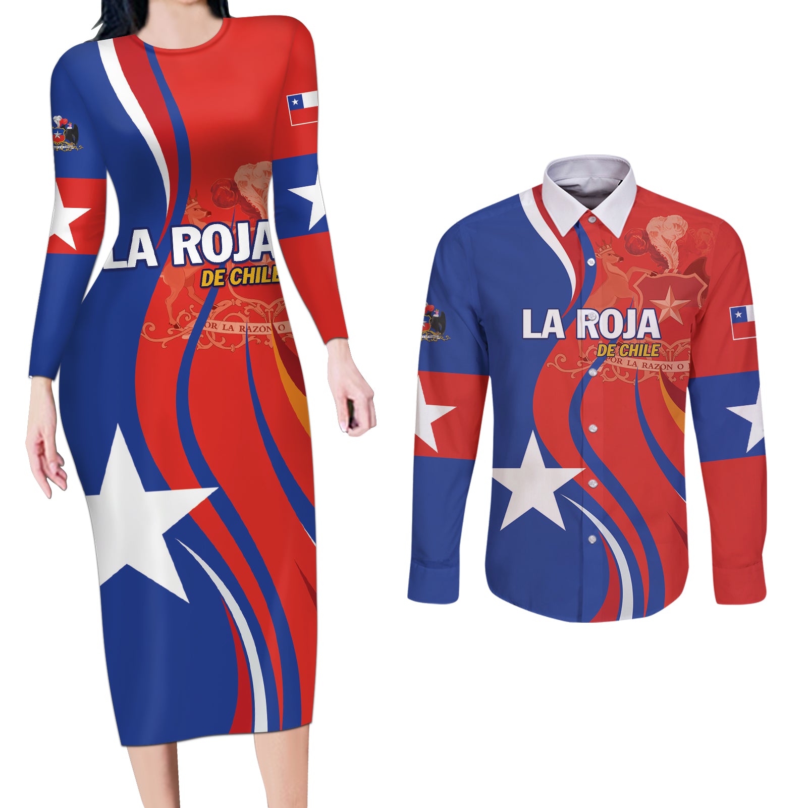 Personalized Chile 2024 Football Couples Matching Long Sleeve Bodycon Dress and Long Sleeve Button Shirt Concurso La Roja - Wonder Print Shop