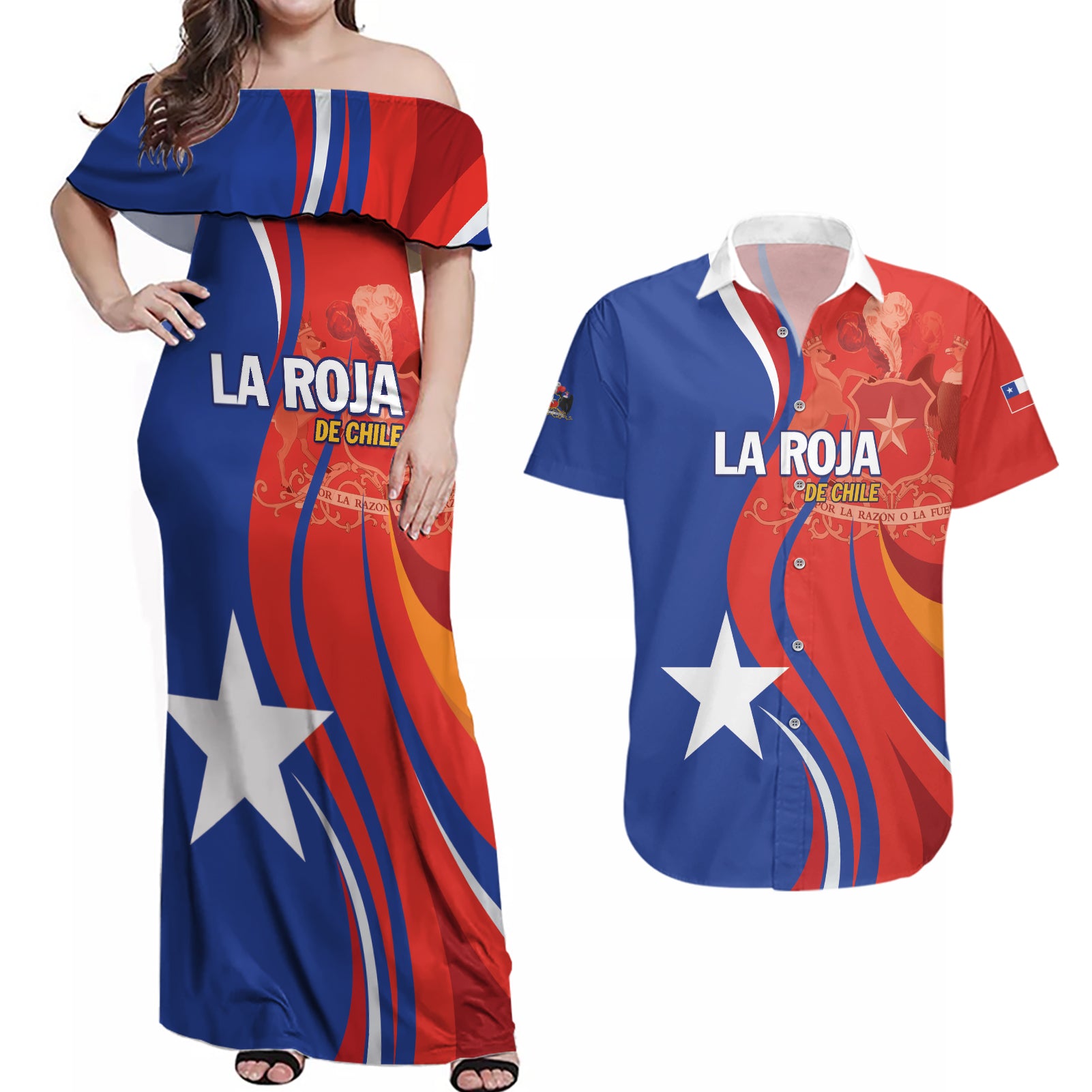 Personalized Chile 2024 Football Couples Matching Off Shoulder Maxi Dress and Hawaiian Shirt Concurso La Roja - Wonder Print Shop