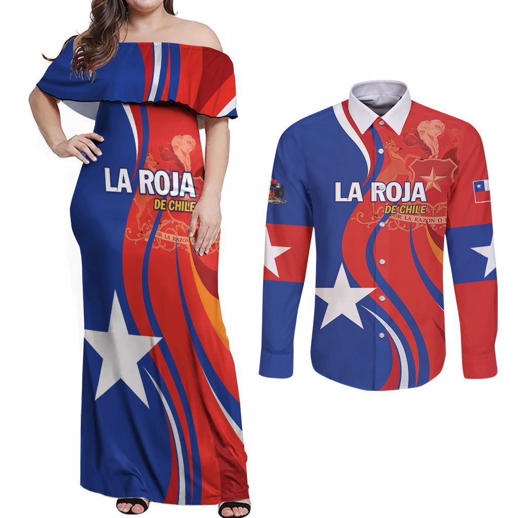 Personalized Chile 2024 Football Couples Matching Off Shoulder Maxi Dress and Long Sleeve Button Shirt Concurso La Roja - Wonder Print Shop