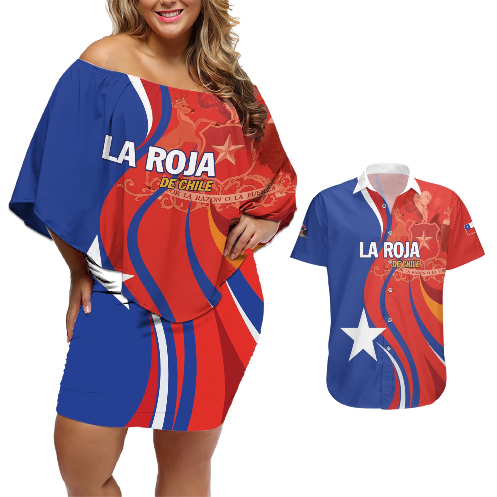 Personalized Chile 2024 Football Couples Matching Off Shoulder Short Dress and Hawaiian Shirt Concurso La Roja - Wonder Print Shop