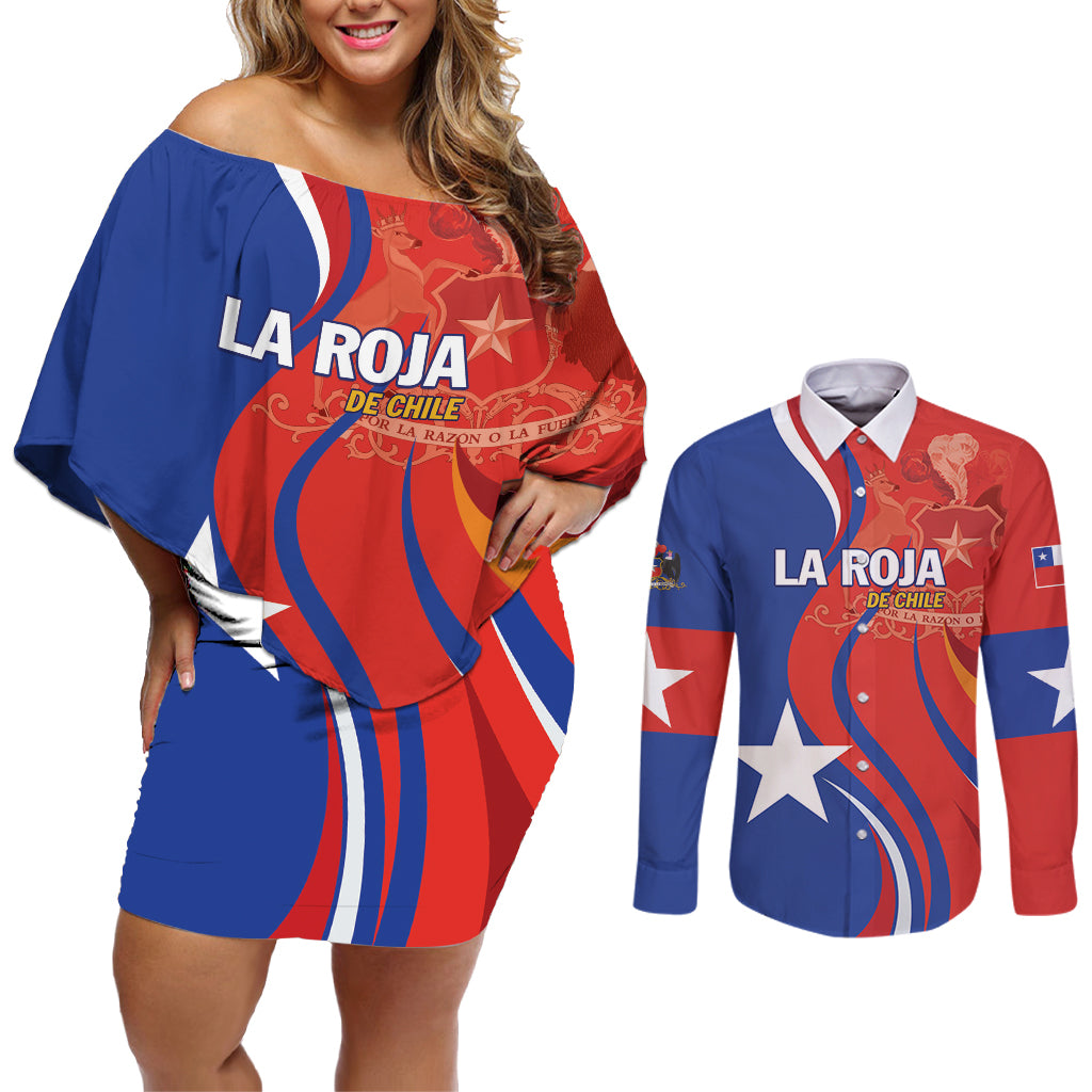 Personalized Chile 2024 Football Couples Matching Off Shoulder Short Dress and Long Sleeve Button Shirt Concurso La Roja - Wonder Print Shop