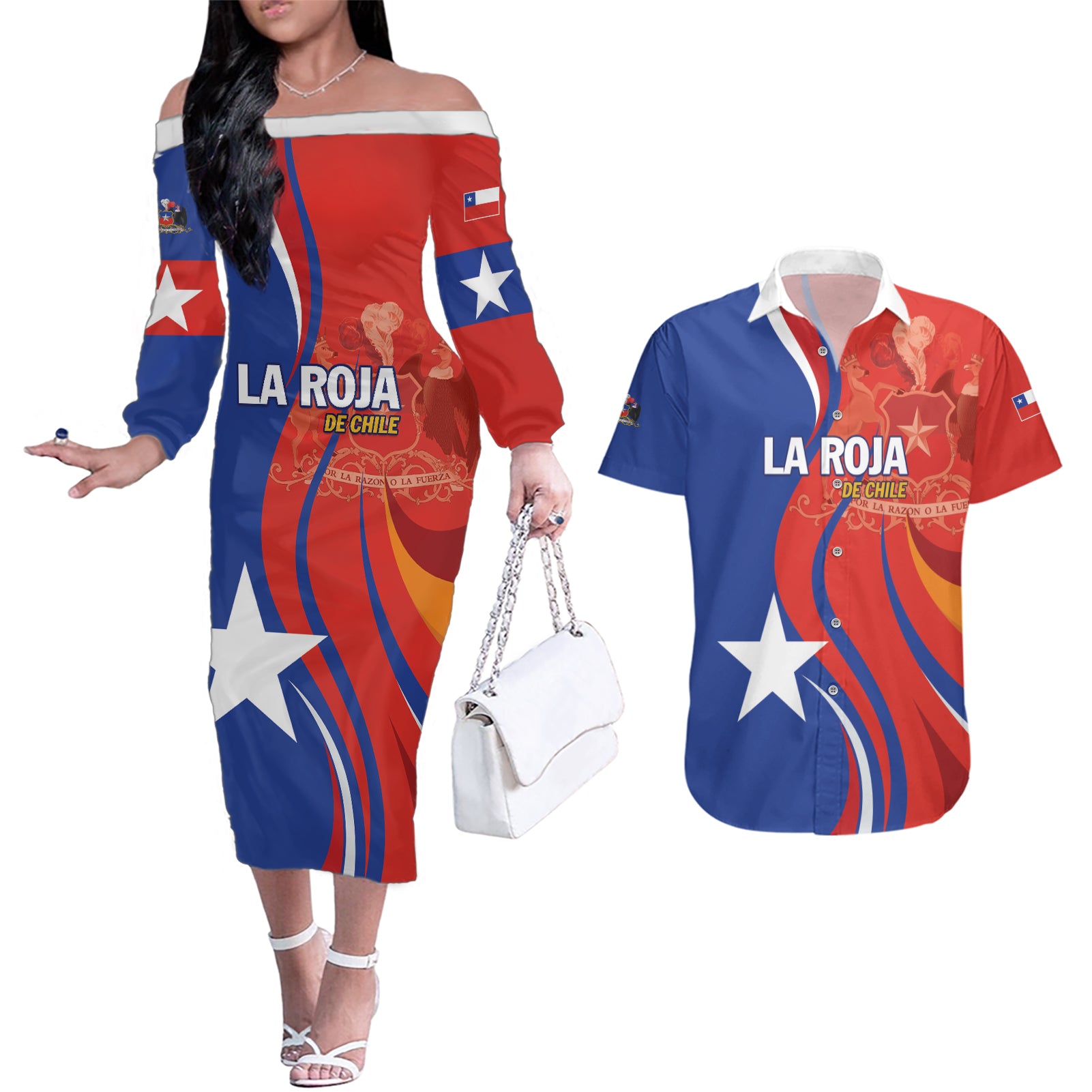 Personalized Chile 2024 Football Couples Matching Off The Shoulder Long Sleeve Dress and Hawaiian Shirt Concurso La Roja - Wonder Print Shop