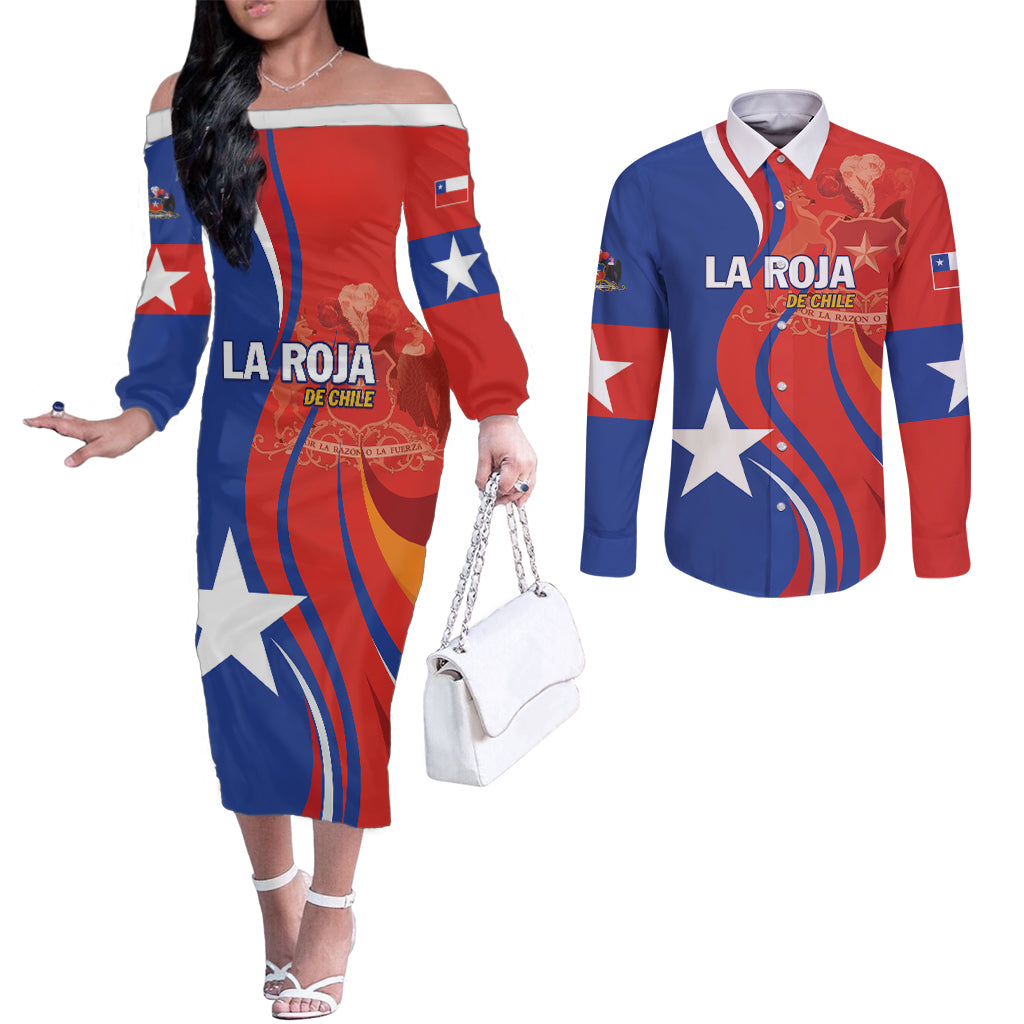 Personalized Chile 2024 Football Couples Matching Off The Shoulder Long Sleeve Dress and Long Sleeve Button Shirt Concurso La Roja LT01