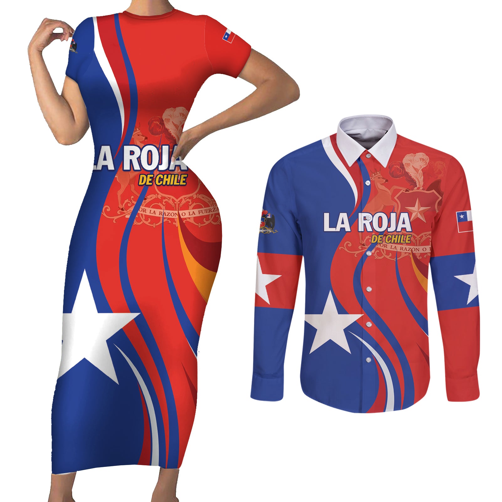 Personalized Chile 2024 Football Couples Matching Short Sleeve Bodycon Dress and Long Sleeve Button Shirt Concurso La Roja - Wonder Print Shop