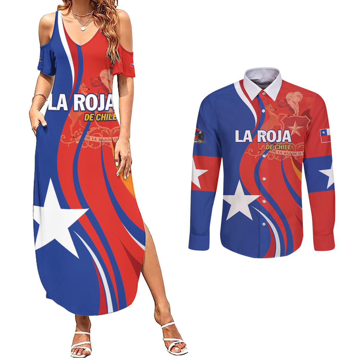 Personalized Chile 2024 Football Couples Matching Summer Maxi Dress and Long Sleeve Button Shirt Concurso La Roja - Wonder Print Shop