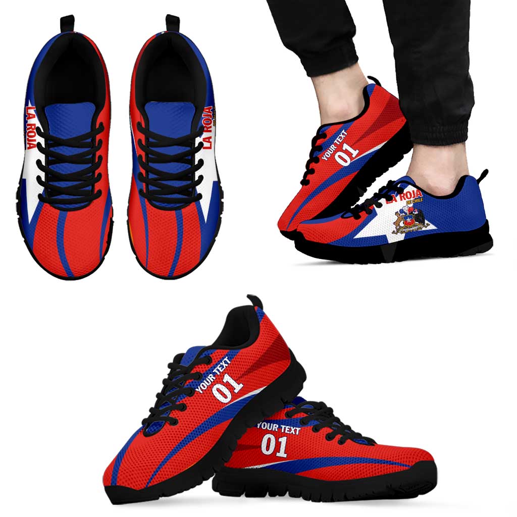 Red, blue and black football sneakers with black laces and rugged black sole