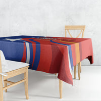 Red Chile football tablecloth with blue stripe design, draped over table corners