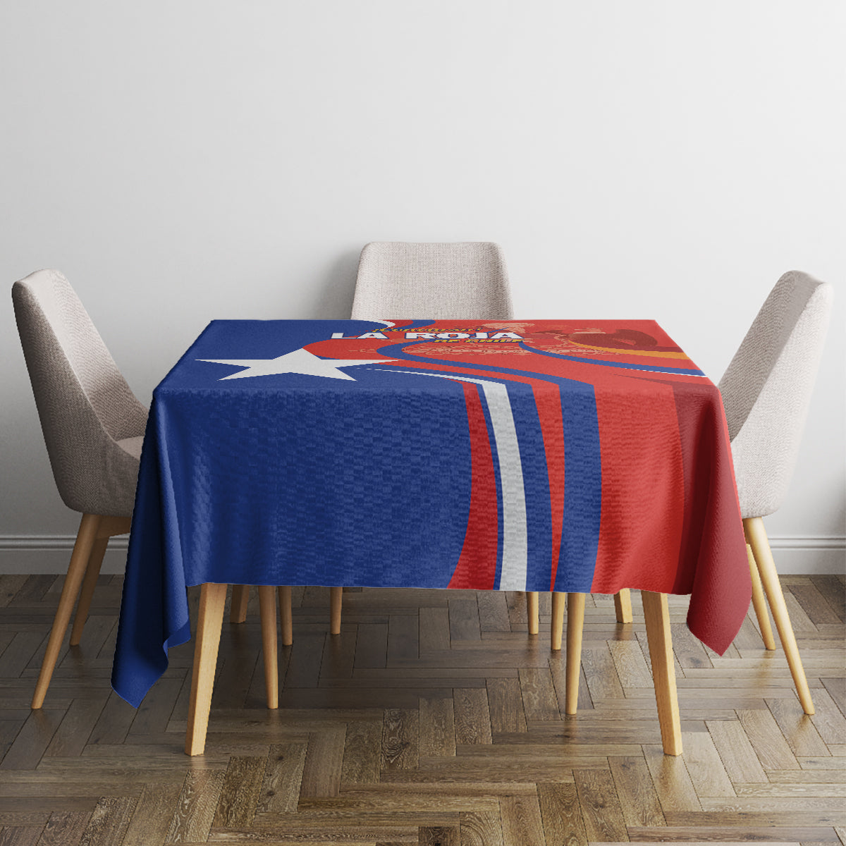 Red Chile football tablecloth with blue star and red stripe graphics on dining table