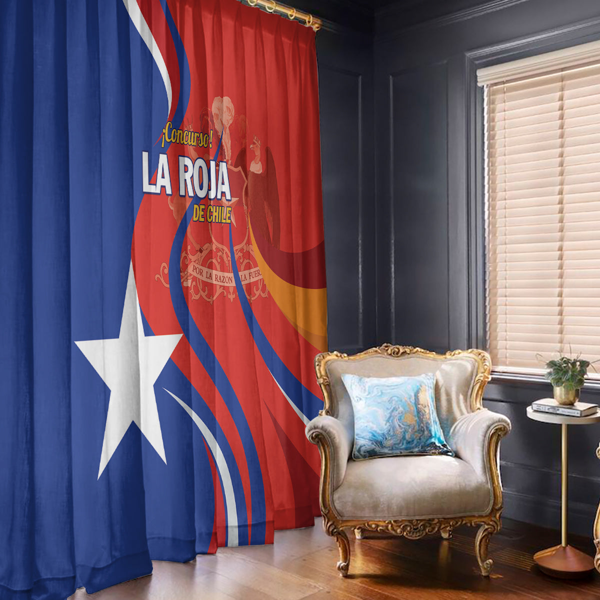 Red and blue Chile football window curtains with flag graphics, hanging by an armchair