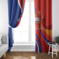 Red and blue Chile football window curtains with flag print, tied and draped at sides