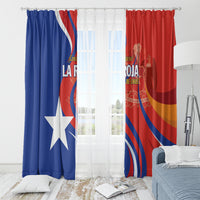 Red and blue Chile football window curtains with flag artwork, panels hanging on rod