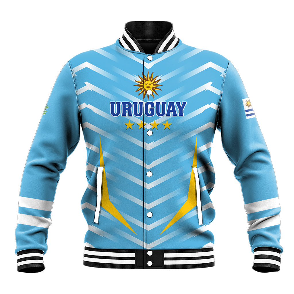 Light blue Uruguay football baseball jacket with chevron stripes, snap buttons, rib trims