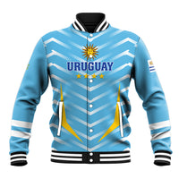 Light blue Uruguay football baseball jacket with chevron stripes, snap buttons, rib trims