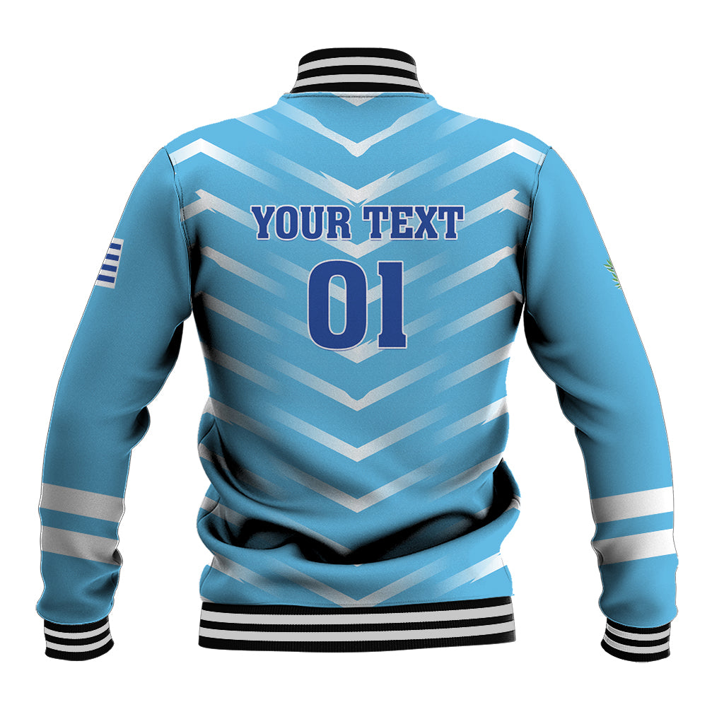 Light blue football baseball jacket back with YOUR TEXT '01' print, chevrons, rib trims