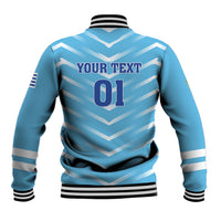 Light blue football baseball jacket back with YOUR TEXT '01' print, chevrons, rib trims