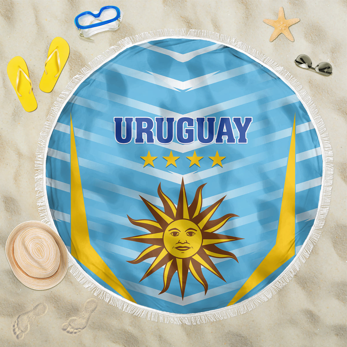 Round blue Uruguay beach blanket with fringe, flag stripes, 'URUGUAY' and sun emblem