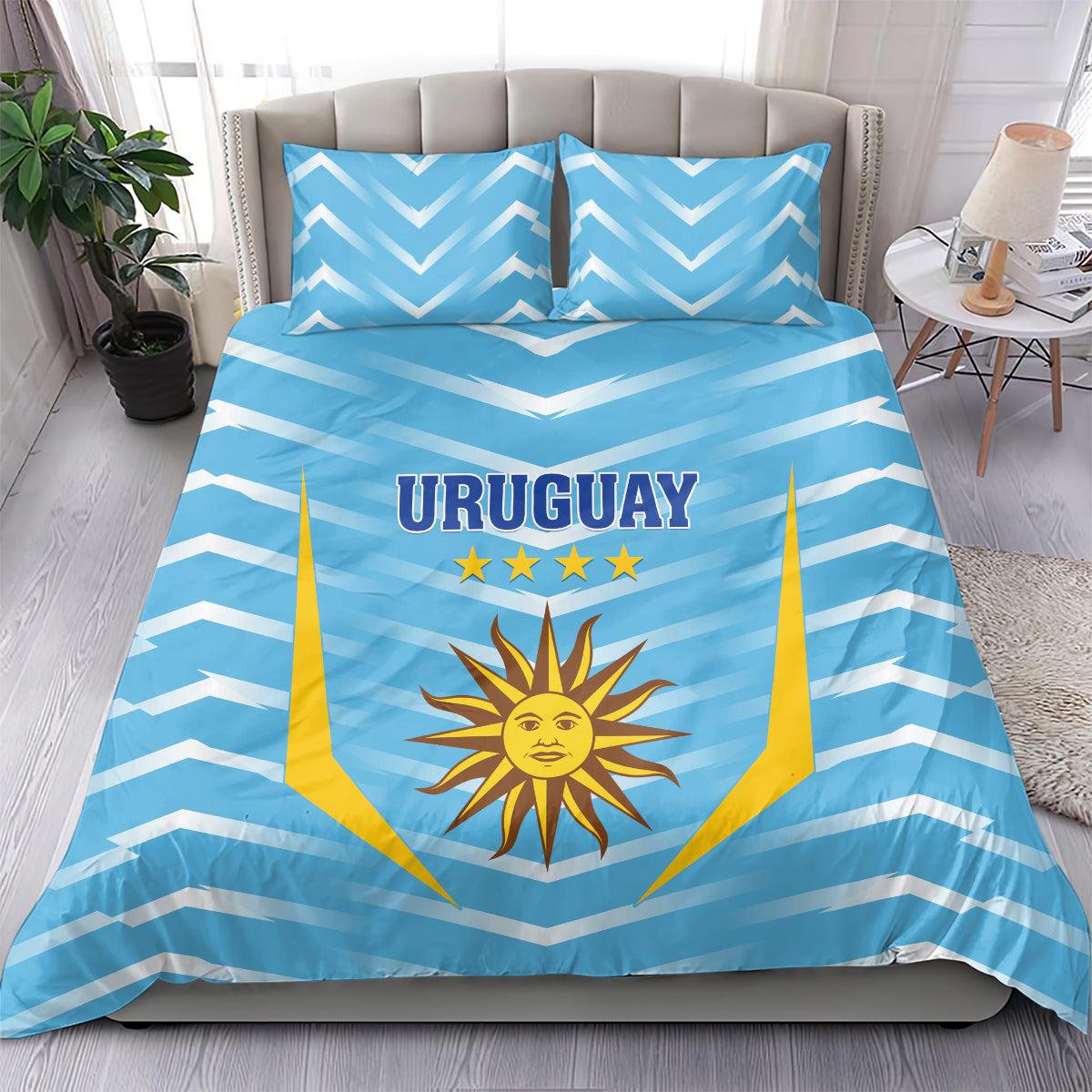 Blue Uruguay bedding set with chevron pattern, sun emblem, and “URUGUAY” on duvet
