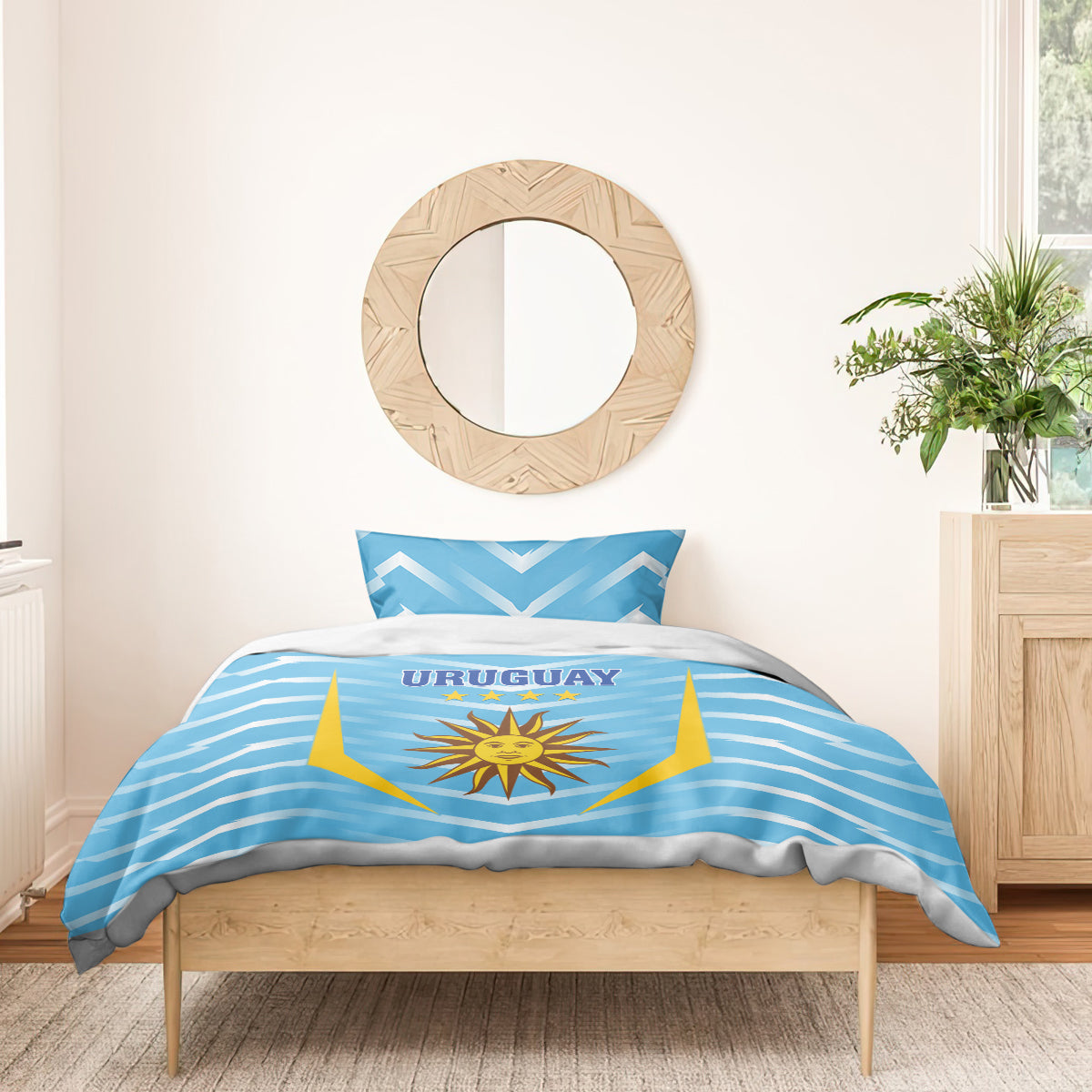 Blue Uruguay bedding set with duvet displaying sun emblem and “URUGUAY” across center