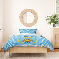 Blue Uruguay bedding set with duvet displaying sun emblem and “URUGUAY” across center