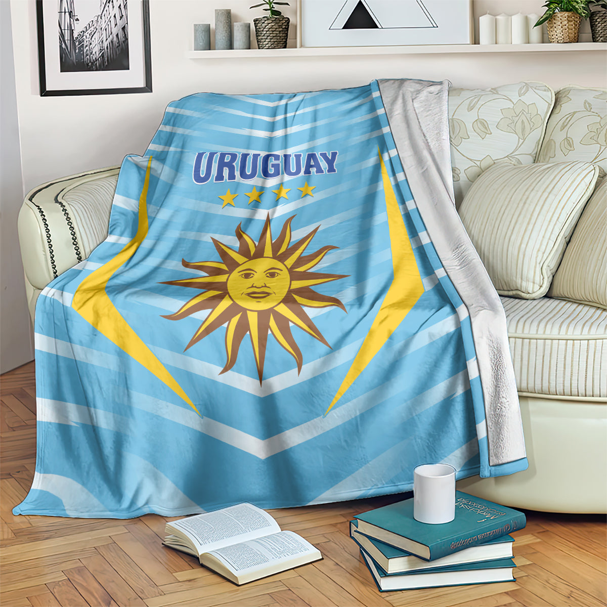 Uruguay football blanket in light blue with striped pattern and sun emblem, URUGUAY text