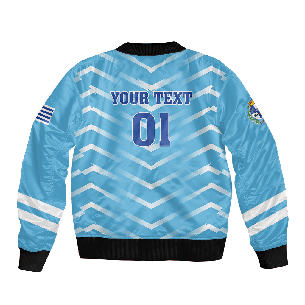 Personalized Uruguay 2024 football bomber jacket, light blue back with YOUR TEXT and 01
